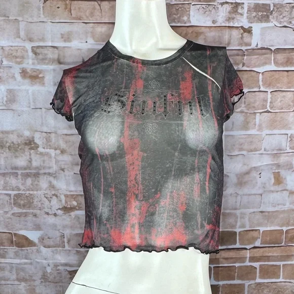 Sinful By Affliction Angel Wings Sheer Short Sleeve Crop Top - NWT - Picture 1 of 12